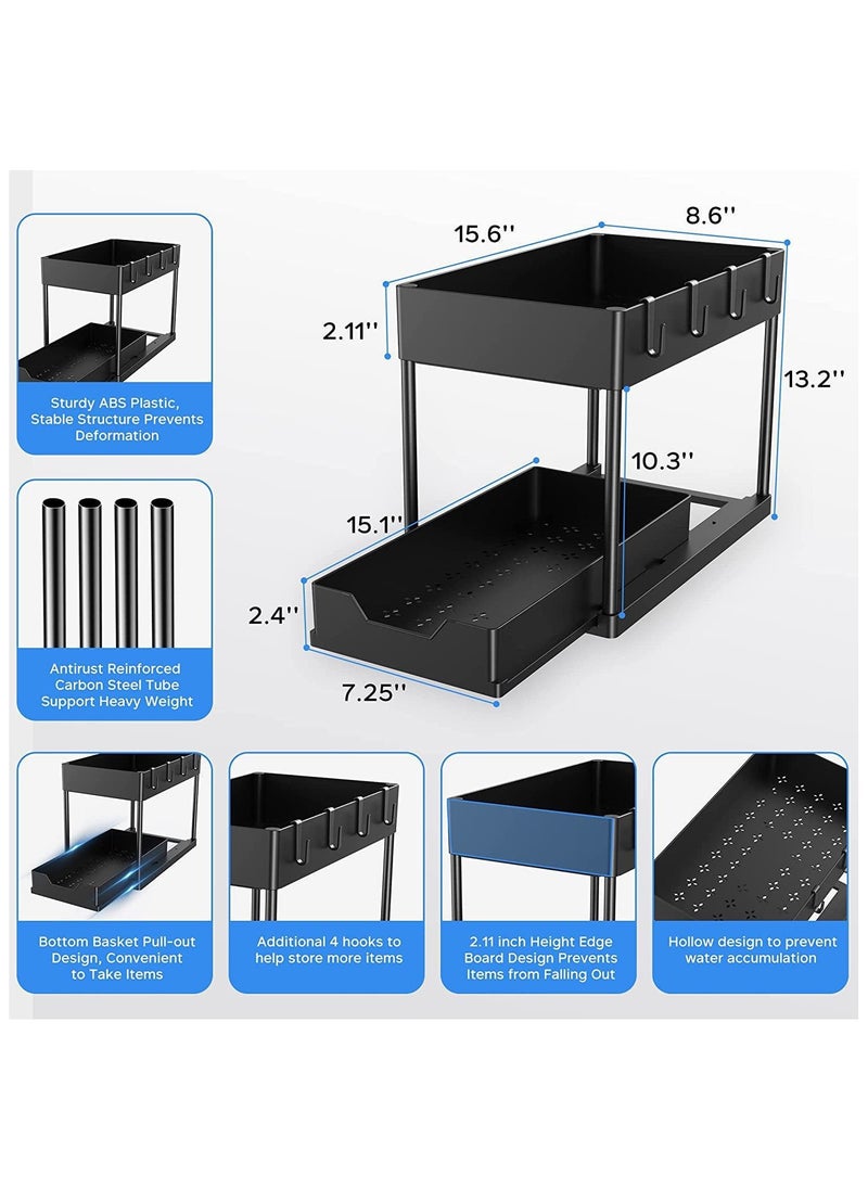 Under Sink Organizers and Storage 1 Pack - 2 Tier Sliding Bathroom Cabinet Organizer with Hooks - Multi-Purpose Under The Sink Organizer Kitchen