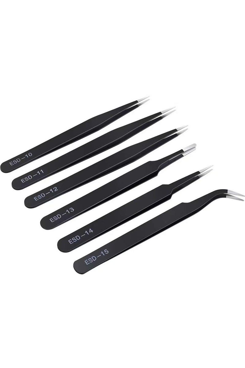 اي اس دي طقم ملاقط دقيقة من 6 قطع، ملاقط مُحسّنة مُنحنية من الفولاذ المقاوم للصدأ ومضادة للكهرباء الساكنة، للاستخدام في الإلكترونيات، المختبرات، صناعة المجوهرات، الحرف اليدوية، اللحام، إلخ. - Image 1