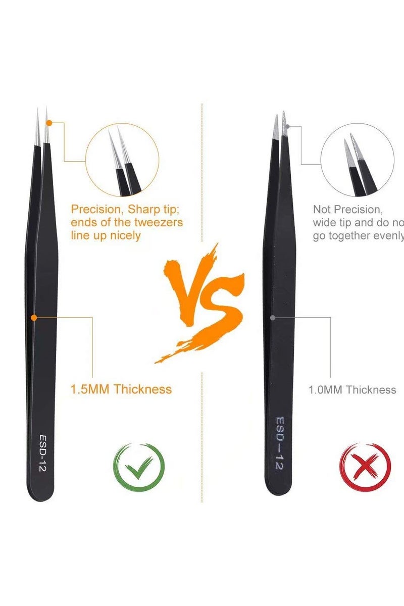 اي اس دي طقم ملاقط دقيقة من 6 قطع، ملاقط مُحسّنة مُنحنية من الفولاذ المقاوم للصدأ ومضادة للكهرباء الساكنة، للاستخدام في الإلكترونيات، المختبرات، صناعة المجوهرات، الحرف اليدوية، اللحام، إلخ. - Image 4