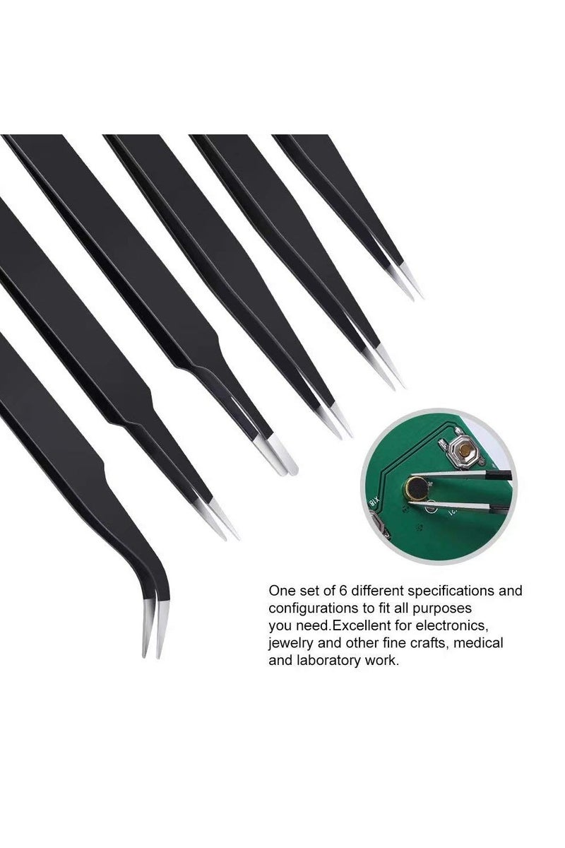 اي اس دي طقم ملاقط دقيقة من 6 قطع، ملاقط مُحسّنة مُنحنية من الفولاذ المقاوم للصدأ ومضادة للكهرباء الساكنة، للاستخدام في الإلكترونيات، المختبرات، صناعة المجوهرات، الحرف اليدوية، اللحام، إلخ. - Image 5
