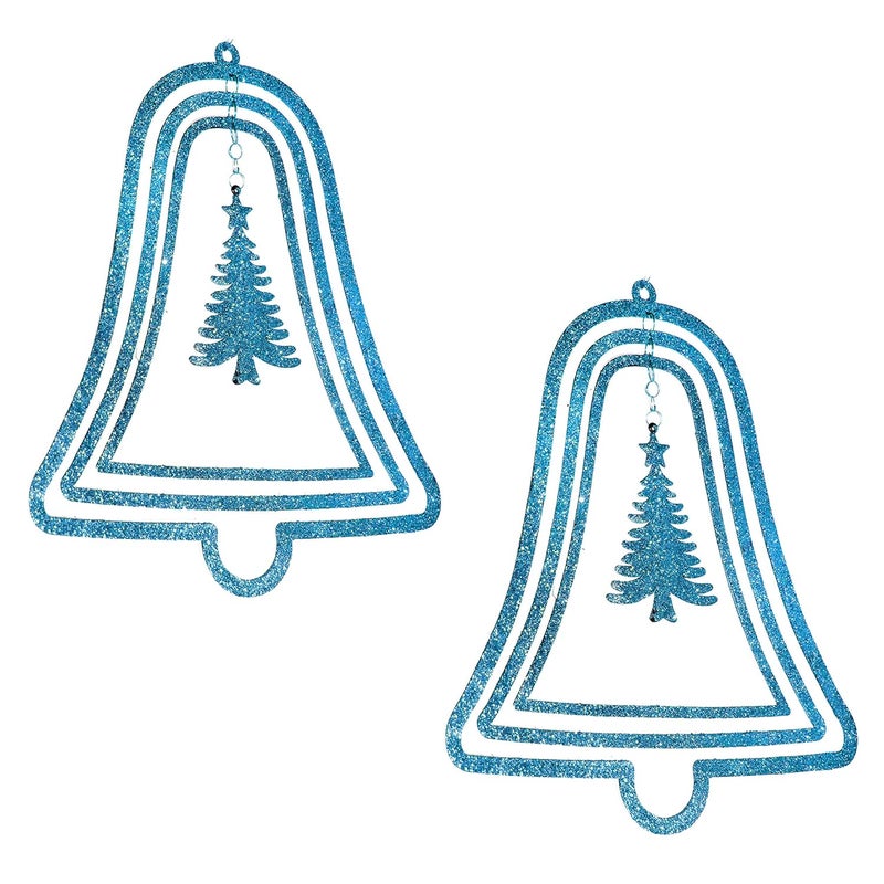 Jades Christmas Decorative 3D Glitter Hanging Bell Set of 2 Blue - Image 1