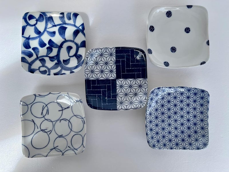 Mino Ware Traditional Japanese Porcelain 346 inches square small plate set Soy SauceHolding Soaps Candles Authentic Mino Ware Assorted Designs Set of 5 - Image 1