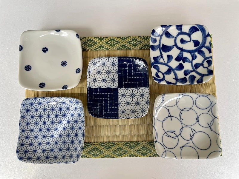 Mino Ware Traditional Japanese Porcelain 346 inches square small plate set Soy SauceHolding Soaps Candles Authentic Mino Ware Assorted Designs Set of 5 - Image 2
