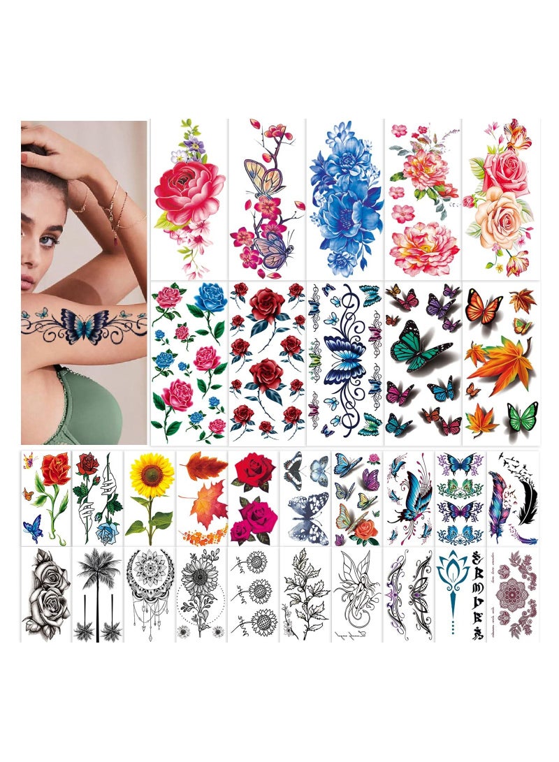 KASTWAVE 42 Sheets Flowers Temporary Tattoos Stickers, Roses, Butterflies and Multi-Colored Mixed Style Body Art Temporary Tattoos for Women, Girls or Kids - Image 1