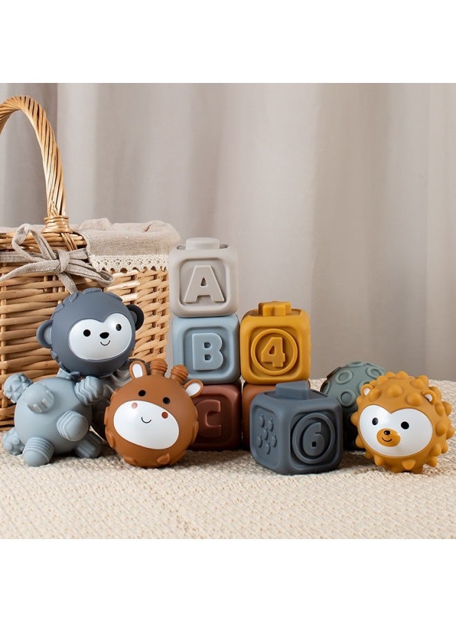 Products Baby Hand-held Ball Toy Soft Rubber Square Building Blocks Stacking Ring Baby Pinch Stacking Hand-held Ball-Color:Tt659 Elephant Square Jenga Feel Ball Set (19pcs)