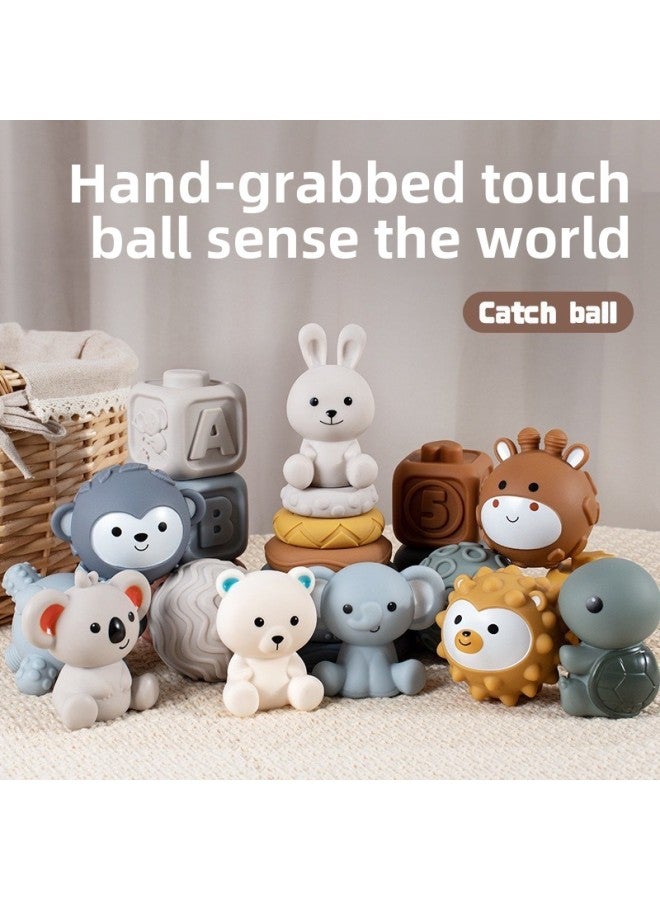 Products Baby Hand-held Ball Toy Soft Rubber Square Building Blocks Stacking Ring Baby Pinch Stacking Hand-held Ball-Color:Tt659 Elephant Square Jenga Feel Ball Set (19pcs)