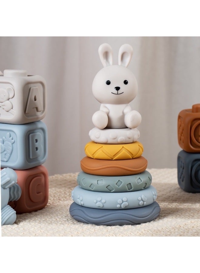 Products Baby Hand-held Ball Toy Soft Rubber Square Building Blocks Stacking Ring Baby Pinch Stacking Hand-held Ball-Color:Tt659 Elephant Square Jenga Feel Ball Set (19pcs)