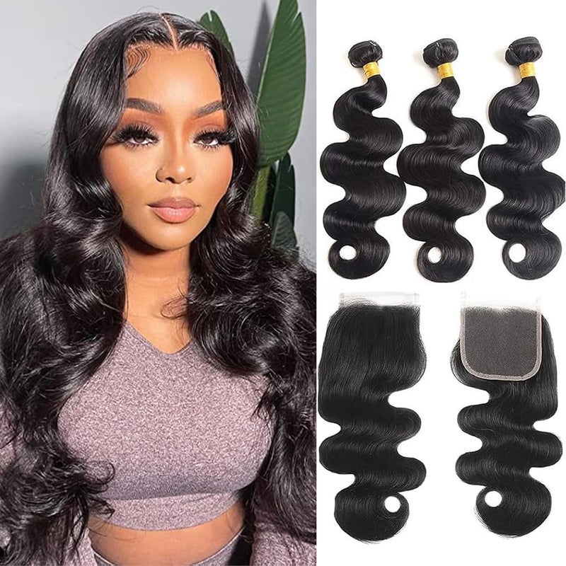 feibin Human Hair Bundles with Closure 18 20 22+16 Inch Body Wave Closure with Bundles 100% Brazilian Virgin 3 Bundles Human Hair Weave with 4x4 Free Part Lace Closures Natural Black - Image 1