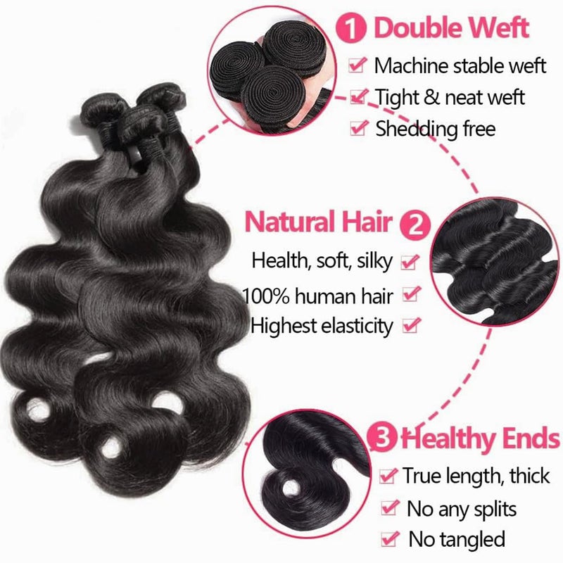 feibin Human Hair Bundles with Closure 18 20 22+16 Inch Body Wave Closure with Bundles 100% Brazilian Virgin 3 Bundles Human Hair Weave with 4x4 Free Part Lace Closures Natural Black - Image 3