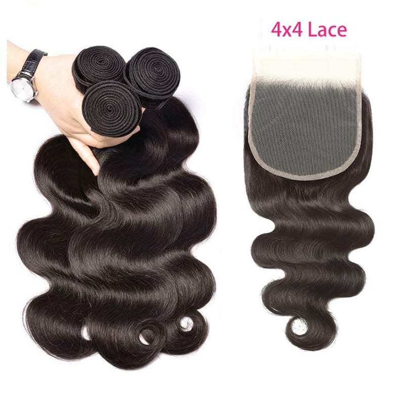 feibin Human Hair Bundles with Closure 18 20 22+16 Inch Body Wave Closure with Bundles 100% Brazilian Virgin 3 Bundles Human Hair Weave with 4x4 Free Part Lace Closures Natural Black - Image 2