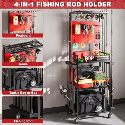 SEEAHEAD Fishing Rod Holders for Garage Fishing Rod Storage Rack with Hooks Wheels Fishing Pole Holder Organizer Tackle Box Reel Storage Red - Image 3