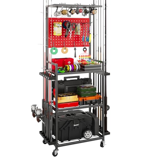 SEEAHEAD Fishing Rod Holders for Garage Fishing Rod Storage Rack with Hooks Wheels Fishing Pole Holder Organizer Tackle Box Reel Storage Red - Image 1