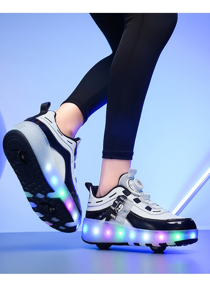 Kids Roller Skates Shoes with Lights Kids Skates Sneakers LED Light Up Rechargeable Wheels Shoes with Lights Outdoor Slip On Roller Skates Shoes Sneakers for Beginners Gift (Black white)  - Image 2