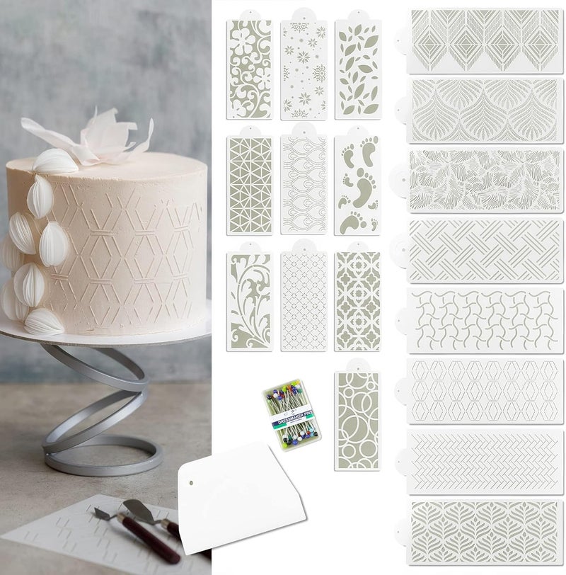 Qualiteia Cake Stencils - Cookie Stencils for Royal Icing, Templates for Buttercream Decorating, Baking Stencil, Mesh Reusable Spray Fondant Cookies, Paiting (18xDesigns with Scraper and 50xPins) - Image 1
