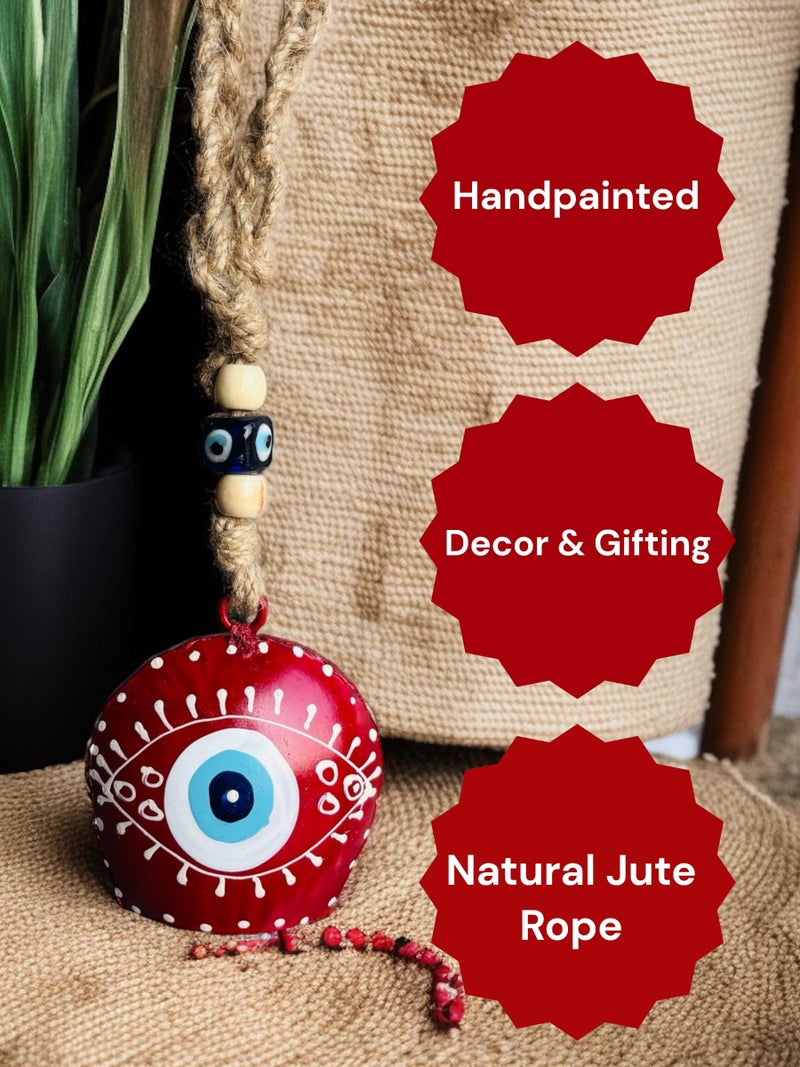 WARMINGO DE Metal Evil Eye Bell Wall Hanging for Home Main Door Entrance | Hand Painted Spiritual Home Decor Decorative Cow Bell | Feng Shui Vastu Evil Eye Good Luck Gift (RED) - Image 3