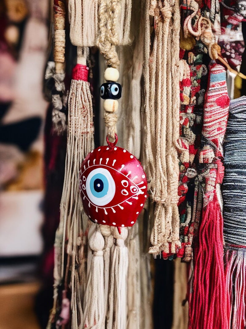 WARMINGO DE Metal Evil Eye Bell Wall Hanging for Home Main Door Entrance | Hand Painted Spiritual Home Decor Decorative Cow Bell | Feng Shui Vastu Evil Eye Good Luck Gift (RED) - Image 2