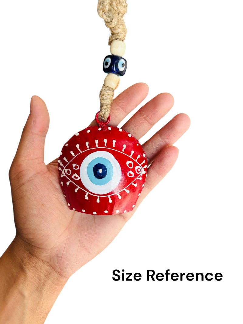 WARMINGO DE Metal Evil Eye Bell Wall Hanging for Home Main Door Entrance | Hand Painted Spiritual Home Decor Decorative Cow Bell | Feng Shui Vastu Evil Eye Good Luck Gift (RED) - Image 4
