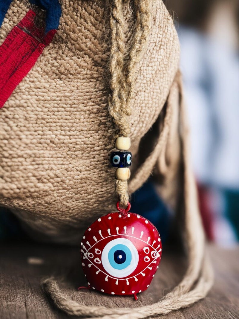 WARMINGO DE Metal Evil Eye Bell Wall Hanging for Home Main Door Entrance | Hand Painted Spiritual Home Decor Decorative Cow Bell | Feng Shui Vastu Evil Eye Good Luck Gift (RED) - Image 5