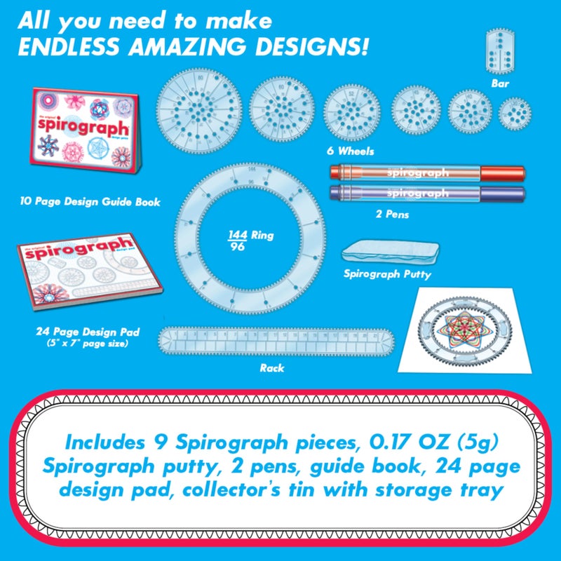 Spirograph Design Set Collectors Tin – Arts and Crafts, Kids Toys, Art Supplies, Craft Supplies, Drawing Kit, Spiral Art, Classic Gear Design Kit, Pens, Design Sheet Included, Ages 8 and Up - Image 2