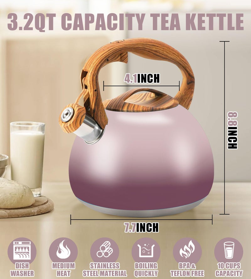 Foedo Tea Kettle for Stove Top, 3.2QT Whistling Tea Pots with Wood Parttern Handle, Stainless Steel Teapot for Home and Kitchen (Purple Gradient) - Image 4