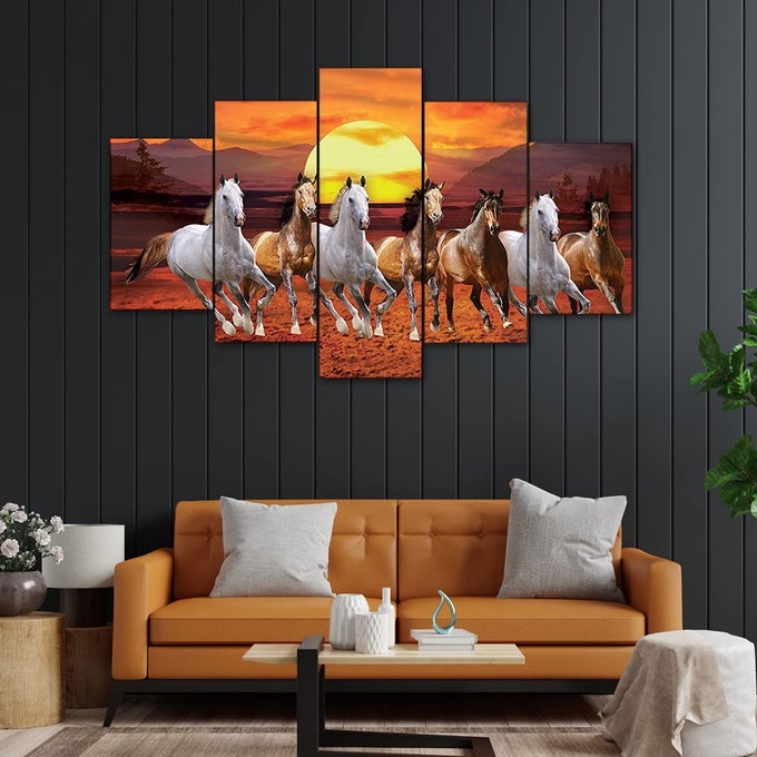 3D WALL PAINTING SET OF 5 | PAINTING FOR WALL DECORATION |SEVEN HORSES VASTU PAINTING WITH FRAME FOR LIVING ROOM (75 X 43 CM) - MULTICOLOR, WOOD