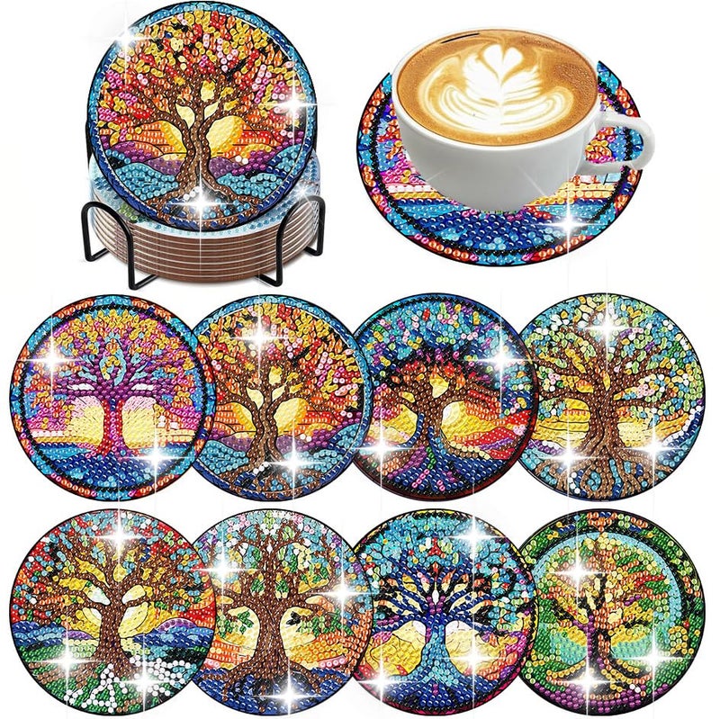 ijbnhd 8 PCS Tree of Life Diamond Art Coasters Diamond Painting Coasters Kits with Holder Tree of Life DIY Coasters for Beginners Adults Crafts Supplies 4X4inch (Cork Wooden Pad) - Image 1
