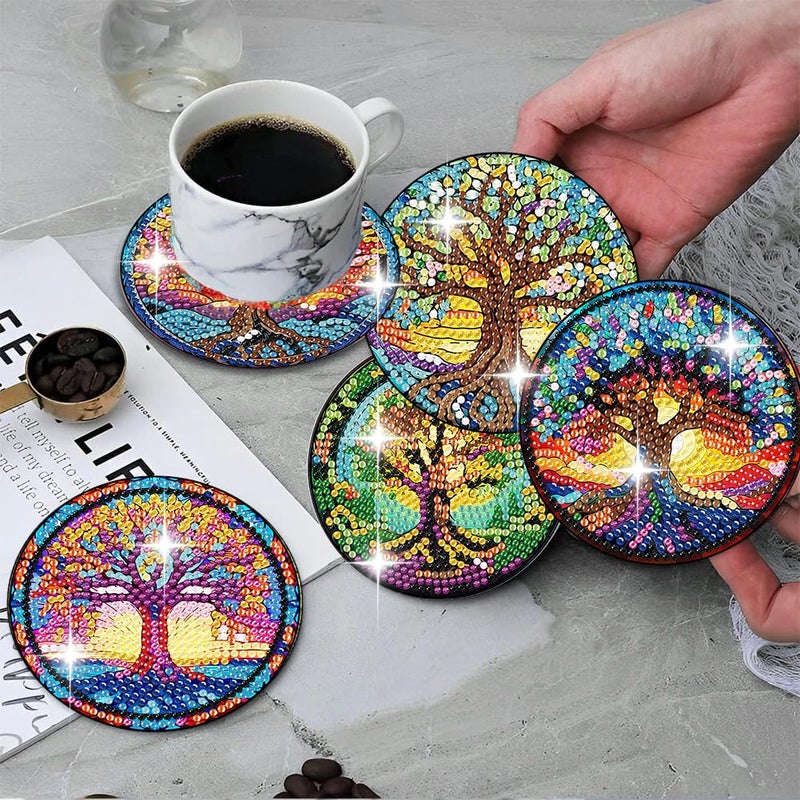 ijbnhd 8 PCS Tree of Life Diamond Art Coasters Diamond Painting Coasters Kits with Holder Tree of Life DIY Coasters for Beginners Adults Crafts Supplies 4X4inch (Cork Wooden Pad) - Image 5