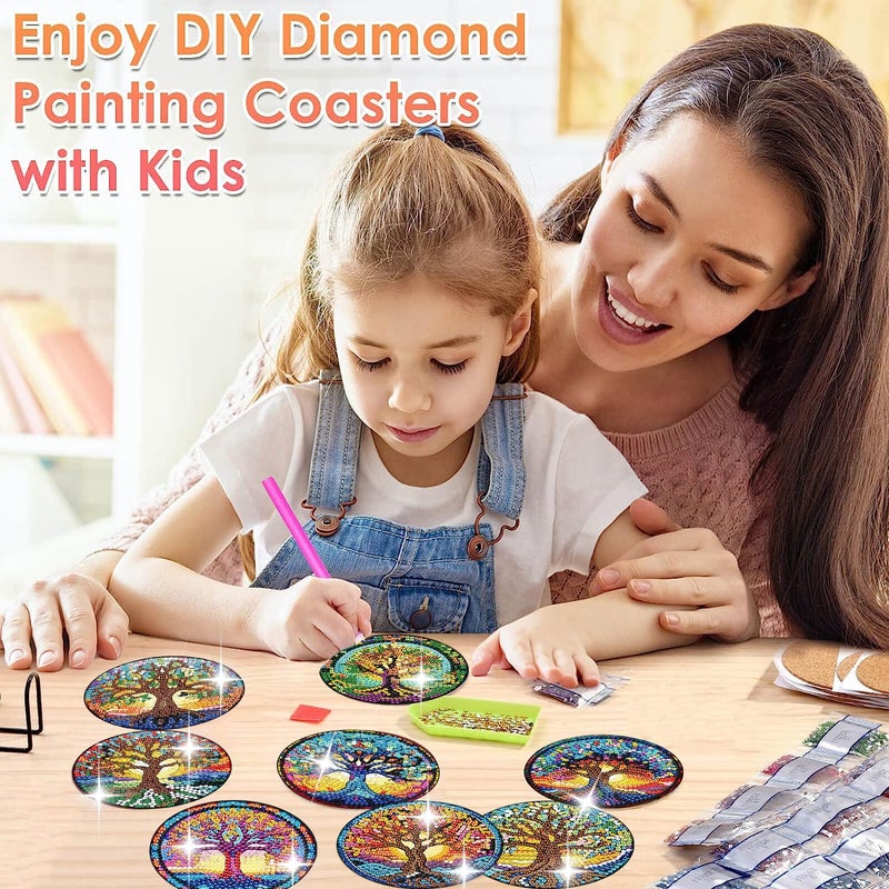 ijbnhd 8 PCS Tree of Life Diamond Art Coasters Diamond Painting Coasters Kits with Holder Tree of Life DIY Coasters for Beginners Adults Crafts Supplies 4X4inch (Cork Wooden Pad) - Image 4