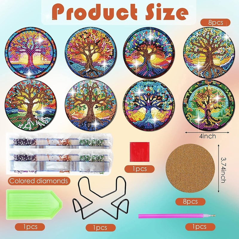 ijbnhd 8 PCS Tree of Life Diamond Art Coasters Diamond Painting Coasters Kits with Holder Tree of Life DIY Coasters for Beginners Adults Crafts Supplies 4X4inch (Cork Wooden Pad) - Image 3