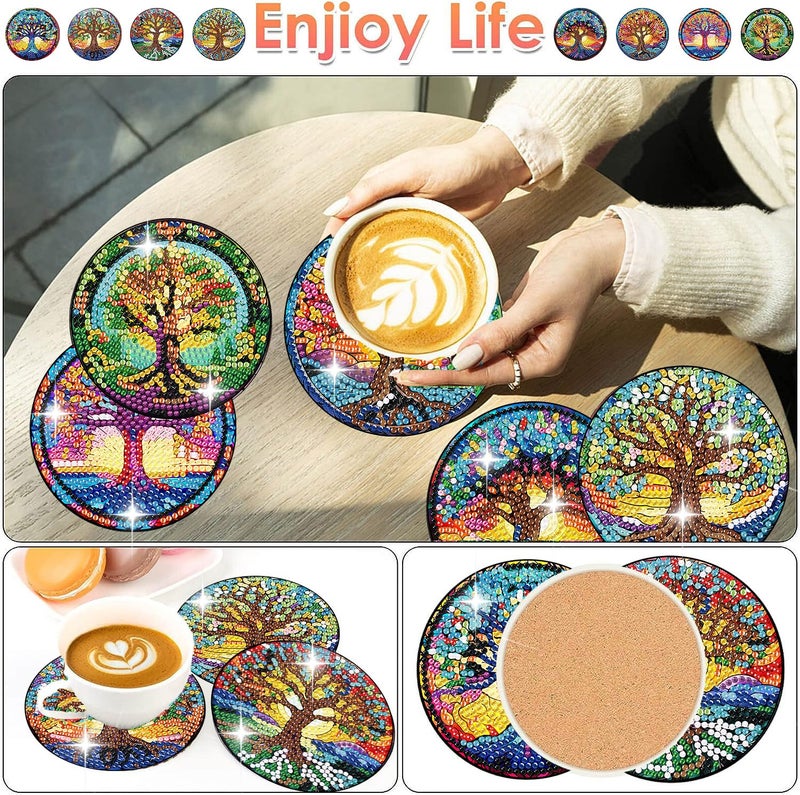 ijbnhd 8 PCS Tree of Life Diamond Art Coasters Diamond Painting Coasters Kits with Holder Tree of Life DIY Coasters for Beginners Adults Crafts Supplies 4X4inch (Cork Wooden Pad) - Image 2