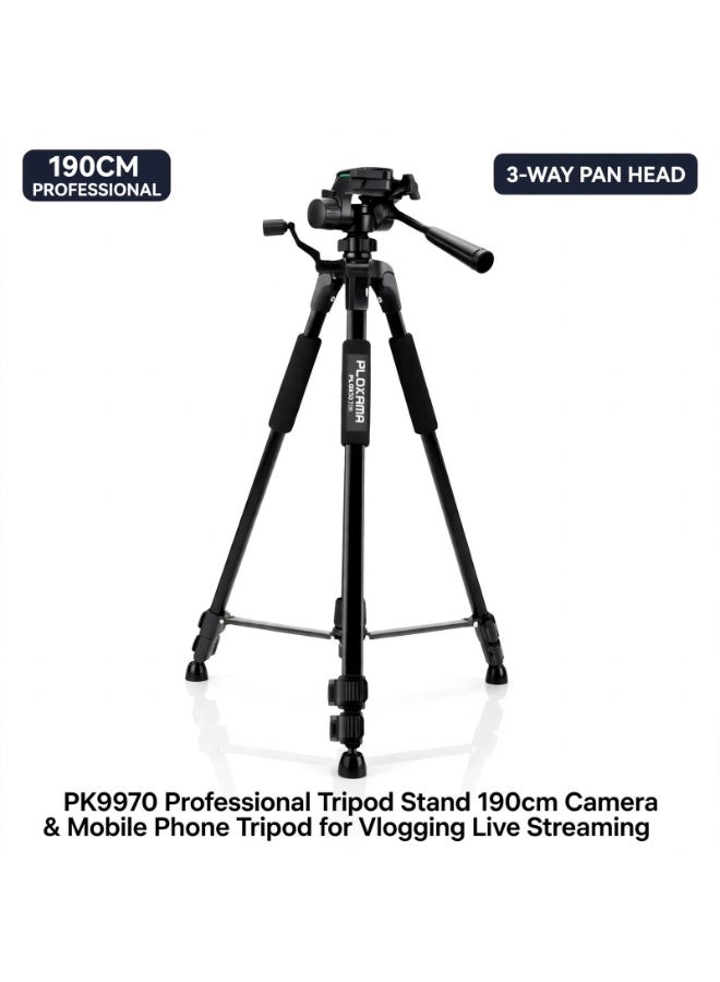PLOKAMA PK9970 190cm Professional Tripod Stand, Adjustable Height Camera & Mobile Phone Tripod with Universal Phone Holder, Portable Foldable Photography Stand for Video Recording, Vlogging, Live Streaming & Content Creation - Image 1