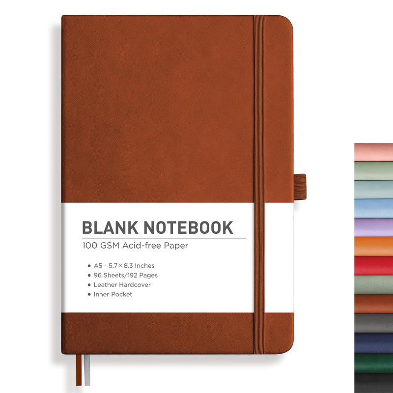 Rettacy Blank Journal Notebook  192 Pages  A5 Medium Size (5.7'' X 8.3'')  Leather Hardcover  100 Gsm Thick Paper  For Sketching  Drawing  Painting (Brown) - Image 1