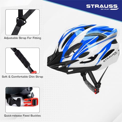 Strauss Adjustable Cycling & Skating Helmet with Detachable Visor | Light Weight with Superior Ventilation | Adjustable Strap with Comfortable Chin Padding | Ideal for Men, Women & Kids (White/Blue) - Image 2