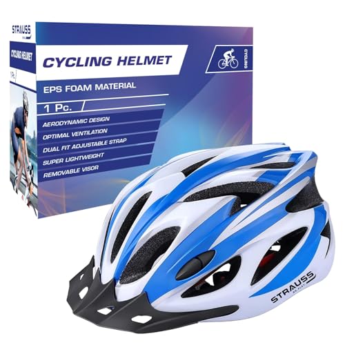 Strauss Adjustable Cycling & Skating Helmet with Detachable Visor | Light Weight with Superior Ventilation | Adjustable Strap with Comfortable Chin Padding | Ideal for Men, Women & Kids (White/Blue) - Image 1
