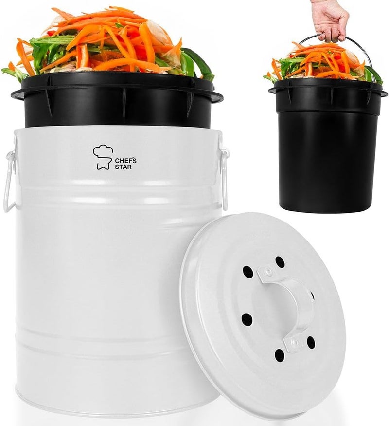 Chef's Star Countertop Compost Bin for Kitchen, Indoor Compost Bin for Kitchen Counter, Small Composter for Kitchen Counter, with Charcoal Filter, Airtight Lid, 0.7 Gallon Compost Pail, White - Image 1