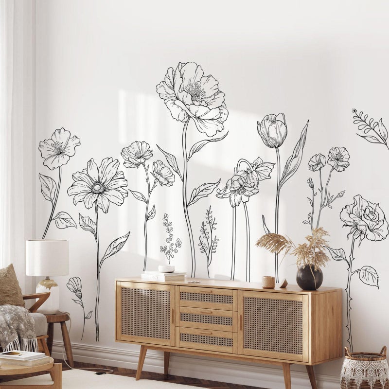 Supzone Large Black Boho Flower Wall Decals  3 Sheets Simple Sketch Floral Wall Stickers Peony Wildflower Peel Stick Wall Art Decor Girls Bedroom Home Room Office Garden Hall Adult(11.8x35.4 in/Sheet)  - Image 1