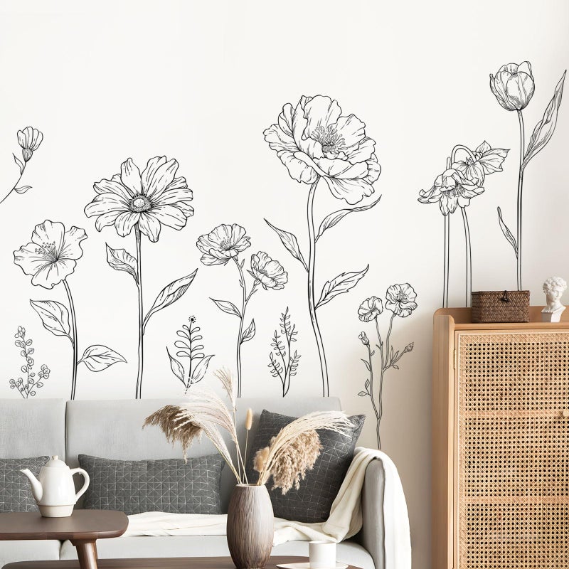 Supzone Large Black Boho Flower Wall Decals  3 Sheets Simple Sketch Floral Wall Stickers Peony Wildflower Peel Stick Wall Art Decor Girls Bedroom Home Room Office Garden Hall Adult(11.8x35.4 in/Sheet)  - Image 2