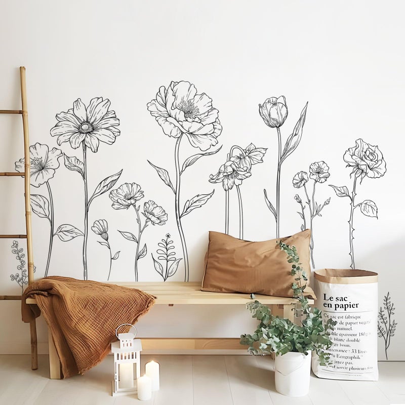 Supzone Large Black Boho Flower Wall Decals  3 Sheets Simple Sketch Floral Wall Stickers Peony Wildflower Peel Stick Wall Art Decor Girls Bedroom Home Room Office Garden Hall Adult(11.8x35.4 in/Sheet)  - Image 5