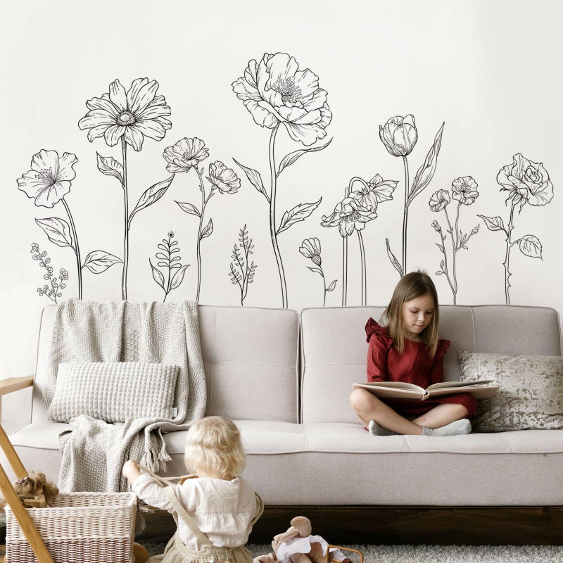 Supzone Large Black Boho Flower Wall Decals  3 Sheets Simple Sketch Floral Wall Stickers Peony Wildflower Peel Stick Wall Art Decor Girls Bedroom Home Room Office Garden Hall Adult(11.8x35.4 in/Sheet)  - Image 4
