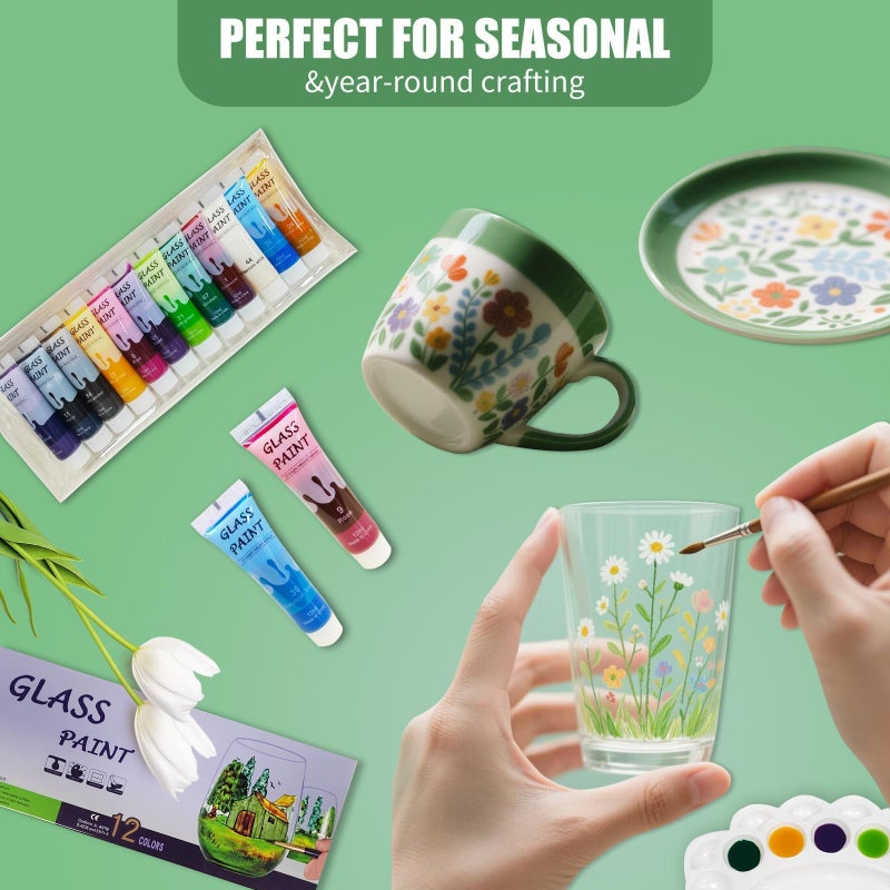 Happlee Artist-Grade Glass Paint Stained Transparent Glass Window Paint Set Great for Glass Painting Wine Glasses Light Bulbs Ceramic Non-Toxic Waterproof Christmas Art Decor(12 Colors/4.9Oz) - Image 5