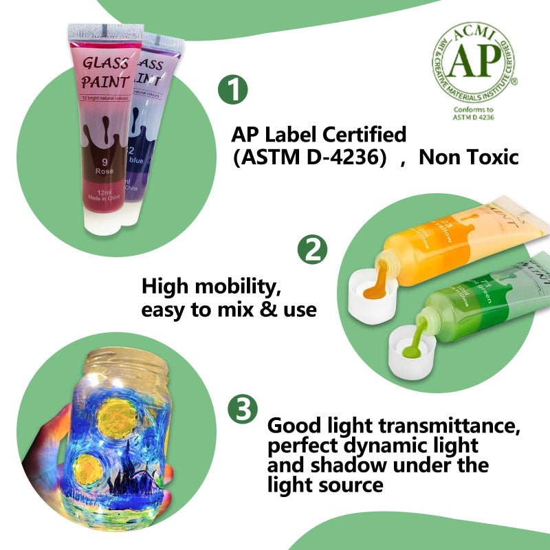 Happlee Artist-Grade Glass Paint Stained Transparent Glass Window Paint Set Great for Glass Painting Wine Glasses Light Bulbs Ceramic Non-Toxic Waterproof Christmas Art Decor(12 Colors/4.9Oz) - Image 4