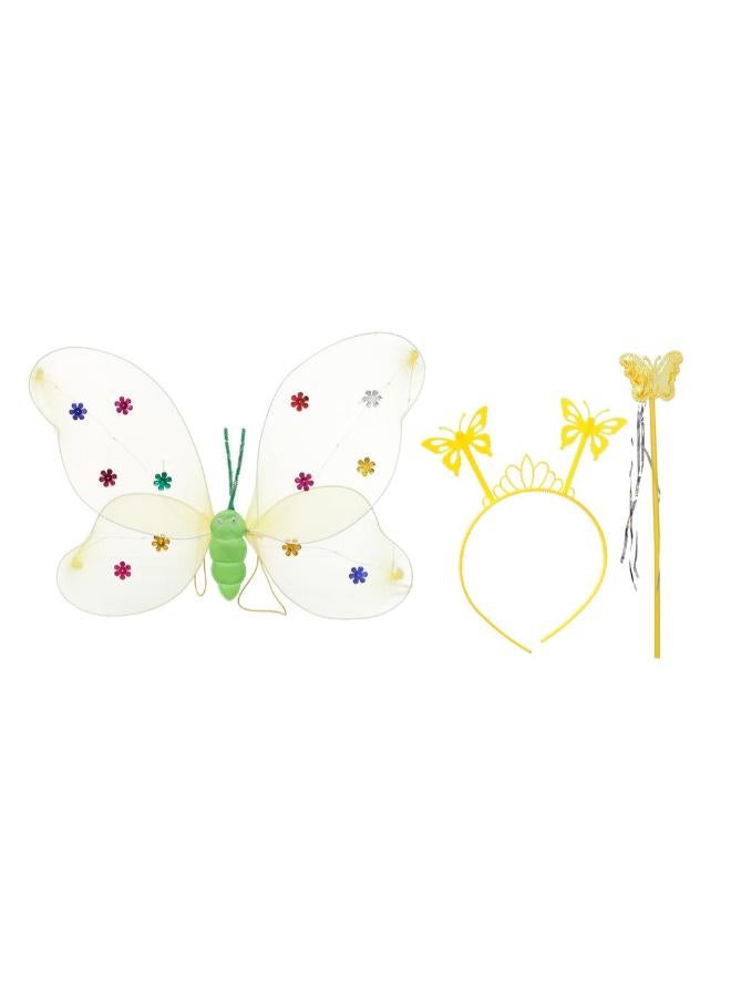 Butterfly Wings for Girls Back with Wand and Bow Headband Light Up Bright Colors - Yellow 