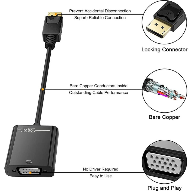 Tobo DisplayPort (DP) to VGA Adapter, Gold-Plated Display Port to VGA Adapter (Male to Female) Compatible with Computer, Desktop, Laptop, PC, Monitor, Projector, HDTV-TD-260TC. - Image 4