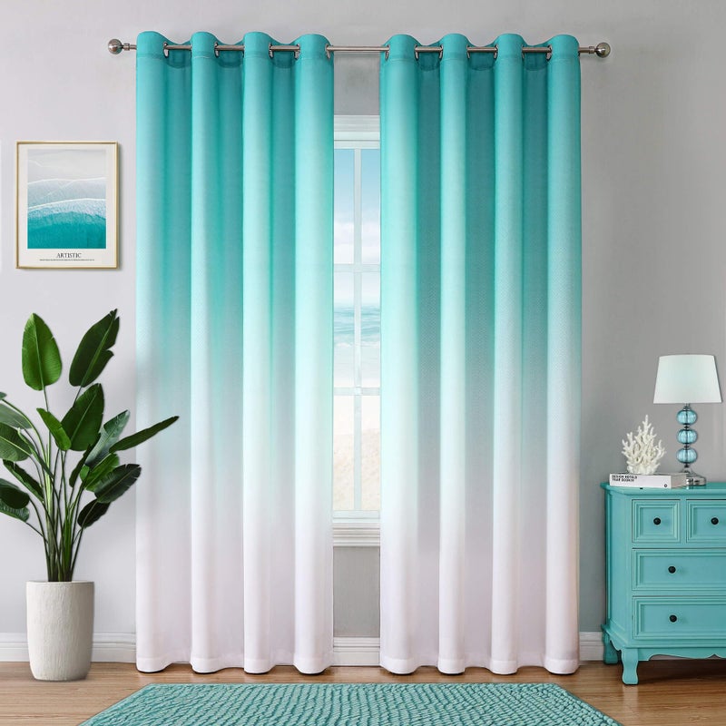 WUBODTI Teal Curtains for Living Room Bedroom 84 Inch Length 2 Panels Turquoise and White Gradient Light Filtering Privacy Grommet Ombre Curtains for Dining Room Sliding Door 52 x 84 Inches