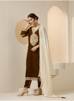 ISHIN Women's Mustard Velvet Embroidered Tunic Full Length Casual Straight Fit Kurta Set  - Image 5