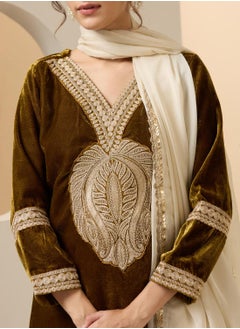 ISHIN Women's Mustard Velvet Embroidered Tunic Full Length Casual Straight Fit Kurta Set  - Image 2