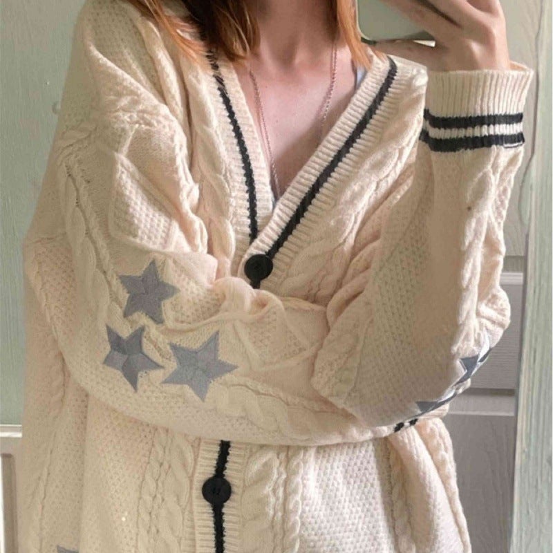 Long-Sleeved Cardigan, Feminine Commuter Batwing Knitted Off-White Single-Breasted Sweater Jacket - Image 2
