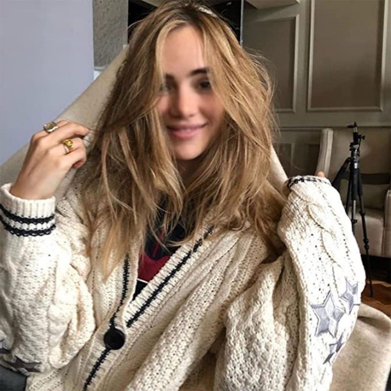Long-Sleeved Cardigan, Feminine Commuter Batwing Knitted Off-White Single-Breasted Sweater Jacket - Image 4