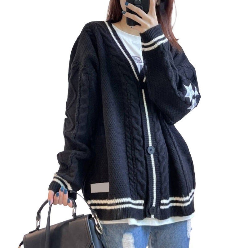 Long-Sleeved Cardigan, Feminine Commuter Batwing Knitted Off-White Single-Breasted Sweater Jacket - Image 3