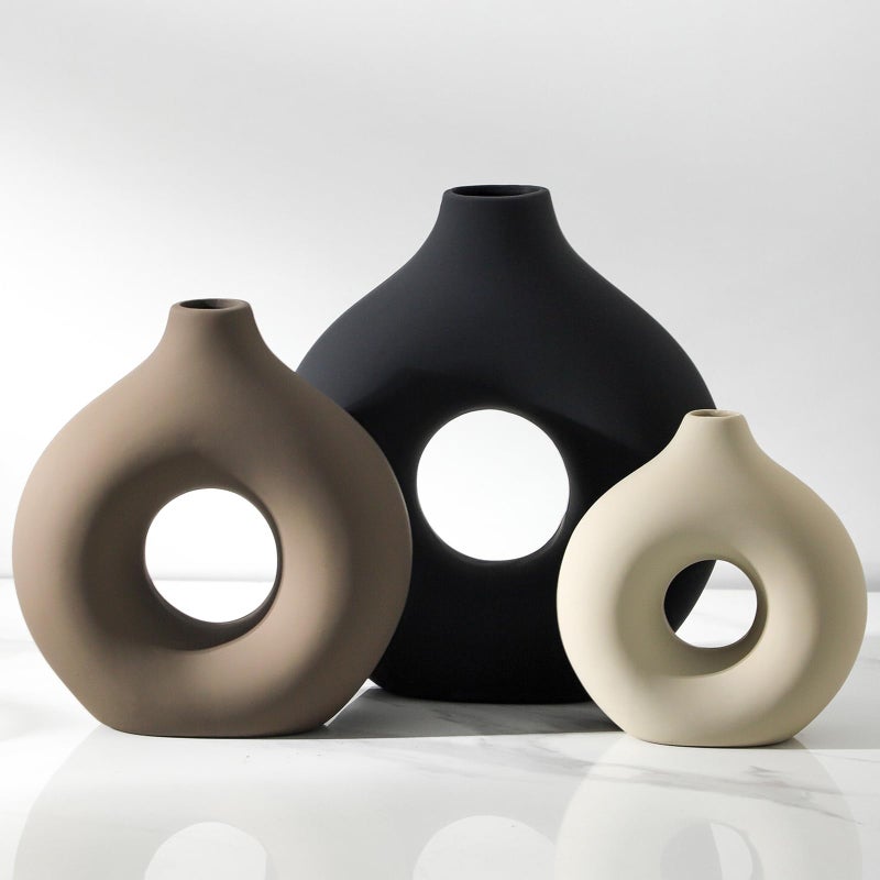 Vanselia Ceramic Vase Home Table Decor - Flower Vases Set of 3 Small Living Room Centerpiece Decorations for Shelf Bedroom Office Kitchen Dining Desk Modern Aesthetic Farmhouse Decorative (Brown) - Image 1